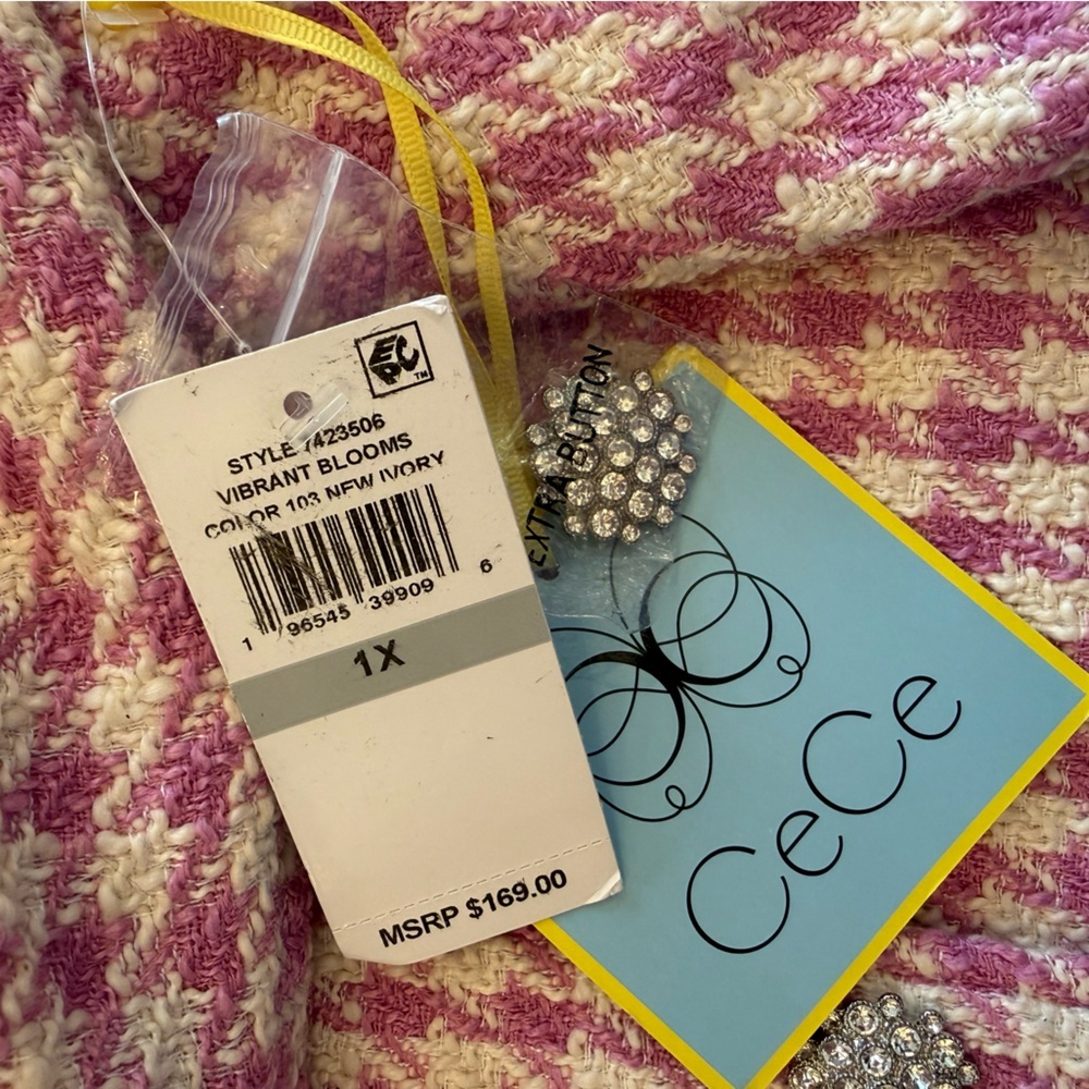 CeCe Pink Ivory Houndstooth Crystal Button Front Jacket NWT Size 1X - Picture 4 of 6